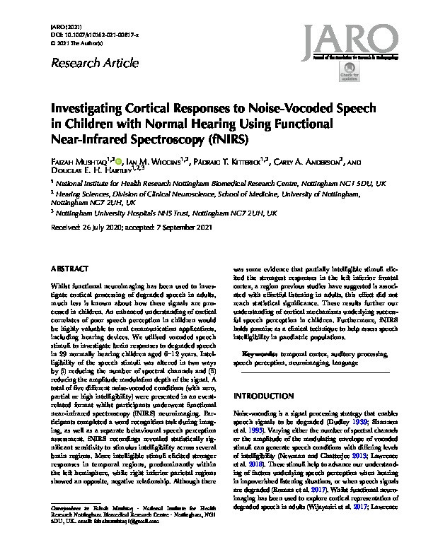 Investigating Cortical Responses to Noise-Vocoded Speech in Children with Normal Hearing Using Functional Near-Infrared Spectroscopy (fNIRS) Thumbnail