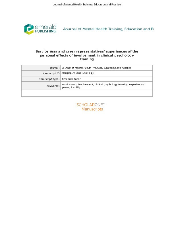 Service user and carer representatives’ experiences of the personal effects of involvement in clinical psychology training Thumbnail
