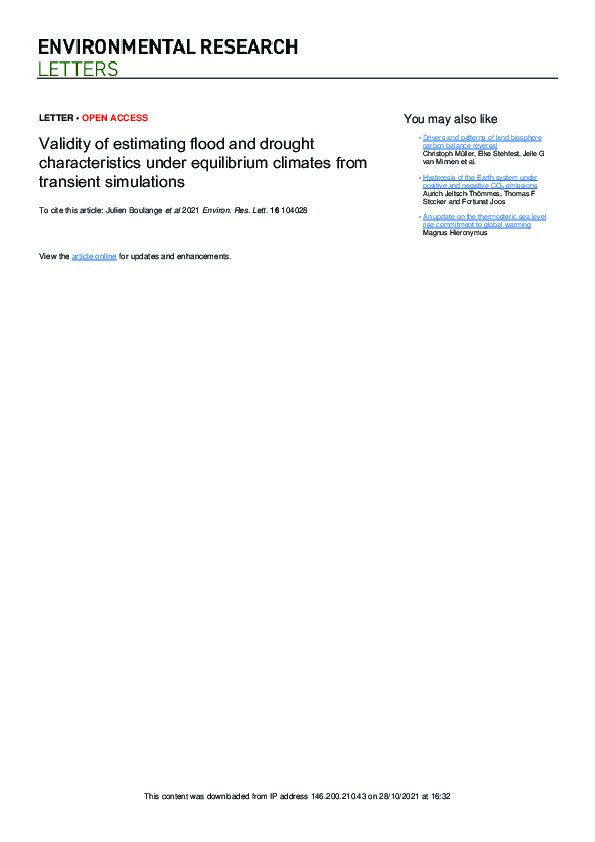 Validity of estimating flood and drought characteristics under equilibrium climates from transient simulations Thumbnail