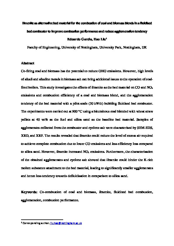 Ilmenite as alternative bed material for the combustion of coal and biomass blends in a fluidised bed combustor to improve combustion performance and reduce agglomeration tendency Thumbnail