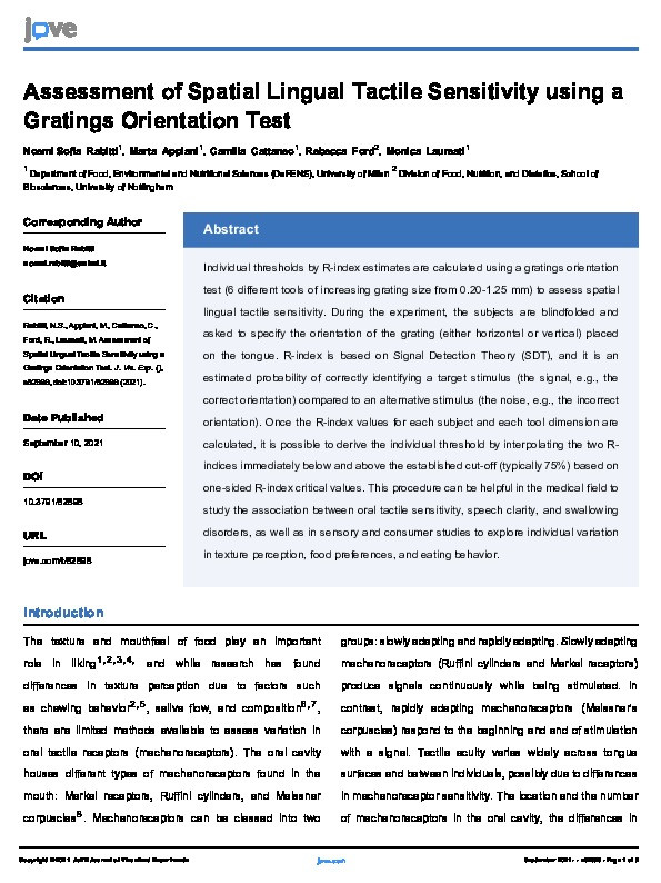 Assessment of spatial lingual tactile sensitivity using a gratings orientation test Thumbnail