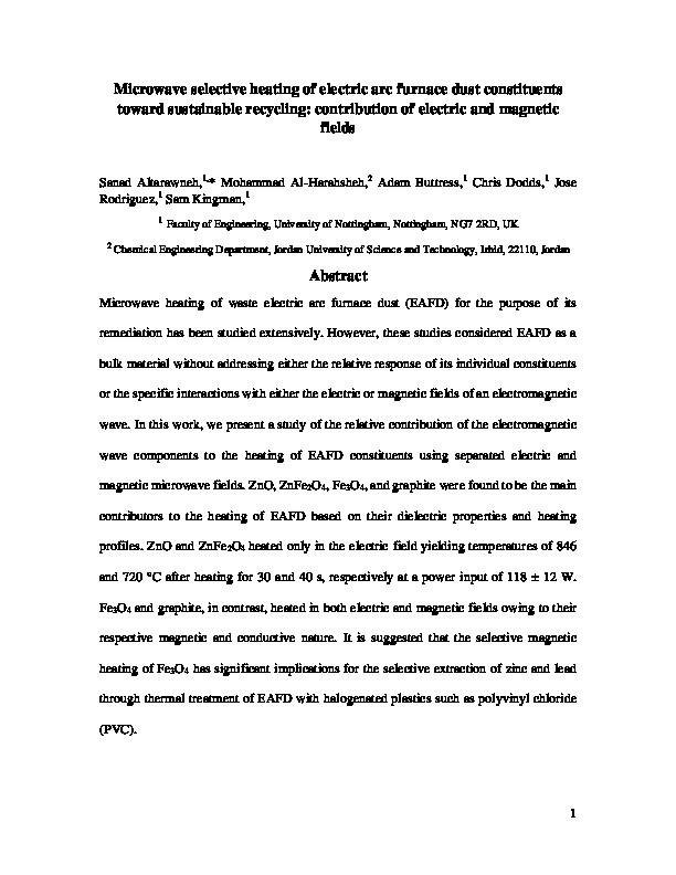 Microwave selective heating of electric arc furnace dust constituents toward sustainable recycling: Contribution of electric and magnetic fields Thumbnail