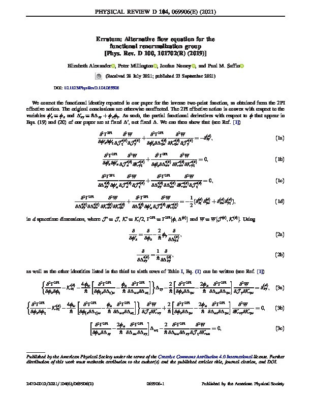 Erratum: Alternative flow equation for the functional renormalization group [Phys. Rev. D 100, 101702(R) (2019)] Thumbnail