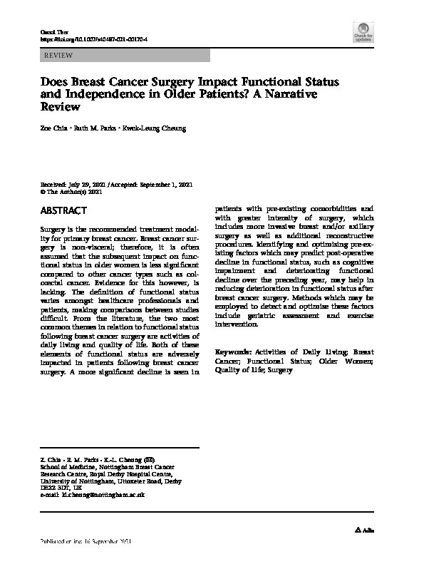 Does Breast Cancer Surgery Impact Functional Status and Independence in Older Patients? A Narrative Review Thumbnail