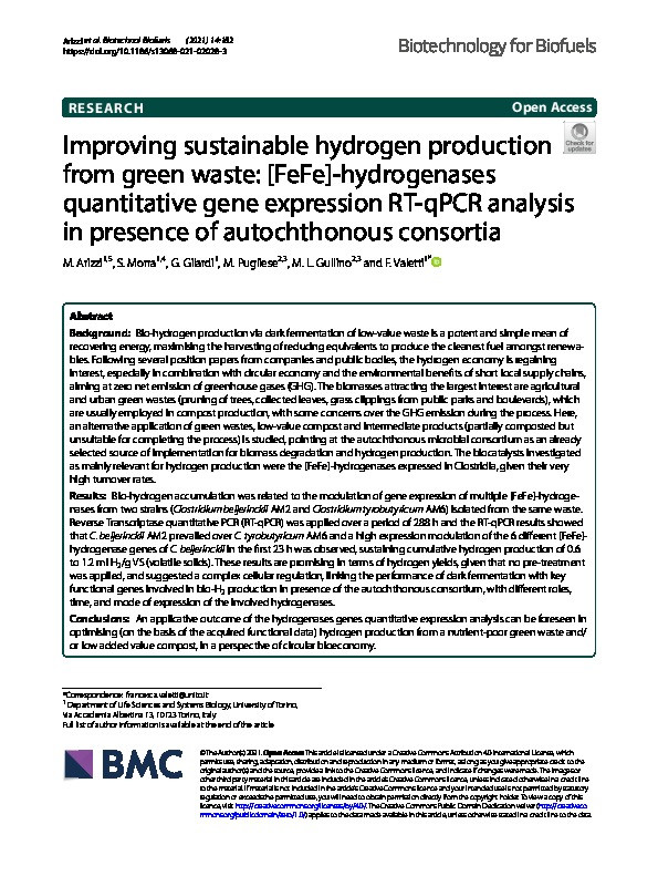 Improving sustainable hydrogen production from green waste: [FeFe]-hydrogenases quantitative gene expression RT-qPCR analysis in presence of autochthonous consortia Thumbnail