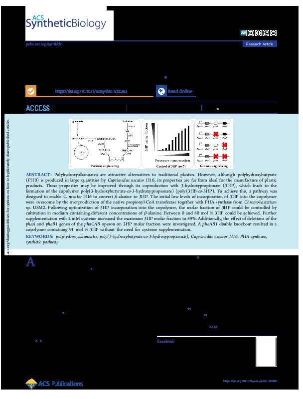 Biosynthesis of Poly(3HB- co-3HP) with Variable Monomer Composition in Recombinant Cupriavidus necator H16 Thumbnail