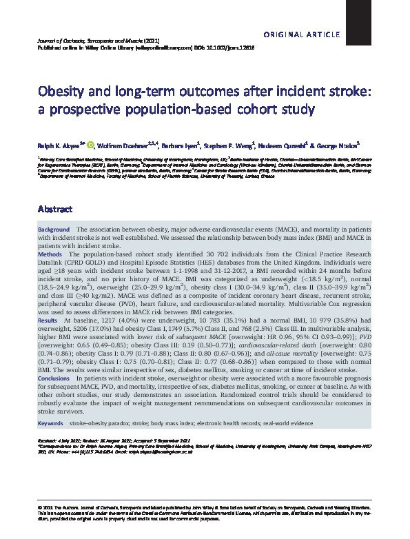 Obesity and long-term outcomes after incident stroke: a prospective population-based cohort study Thumbnail