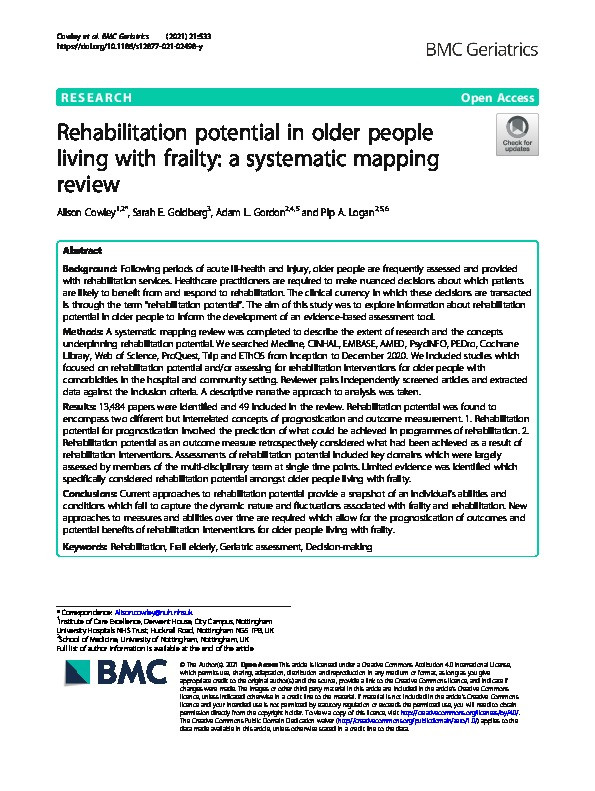 Rehabilitation potential in older people living with frailty: a systematic mapping review Thumbnail