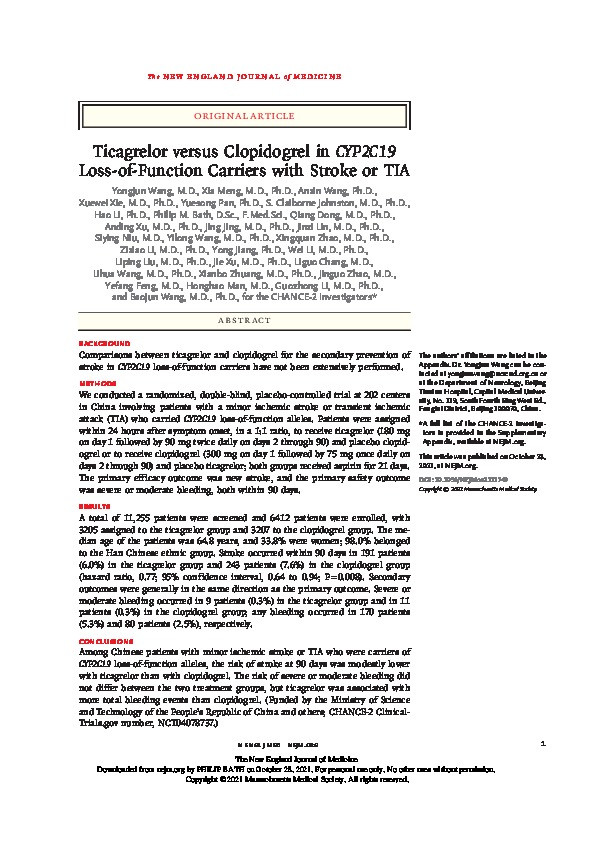Ticagrelor versus Clopidogrel in CYP2C19 Loss-of-Function Carriers with Stroke or TIA Thumbnail