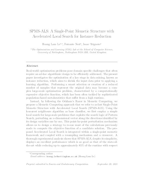 SPMS-ALS: A Single-Point Memetic structure with accelerated local search for instance reduction Thumbnail