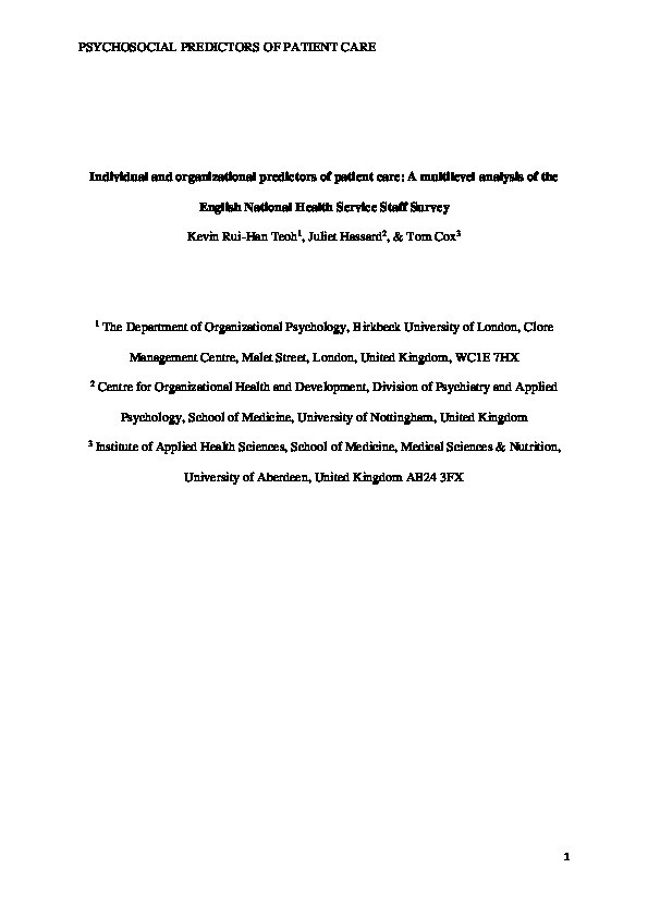 Individual and Organizational Predictors of Patient Care: A Multilevel Analysis of the English National Health Service Staff Survey Thumbnail