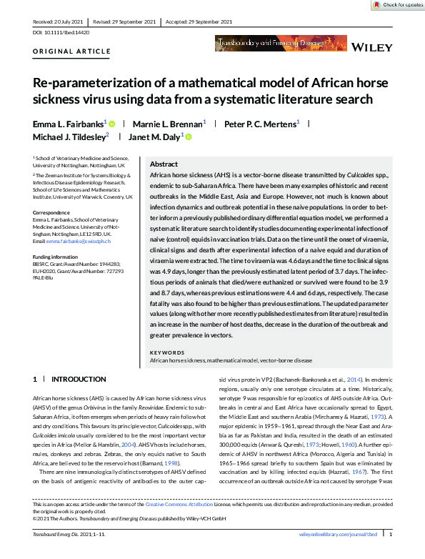 Re‐parameterization of a mathematical model of African horse sickness virus using data from a systematic literature search Thumbnail