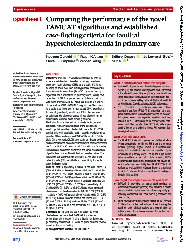 Comparing the performance of the novel FAMCAT algorithms and established case-finding criteria for familial hypercholesterolaemia in primary care Thumbnail