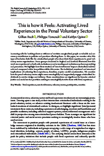 This is how it Feels: Activating Lived Experience in the Penal Voluntary Sector Thumbnail