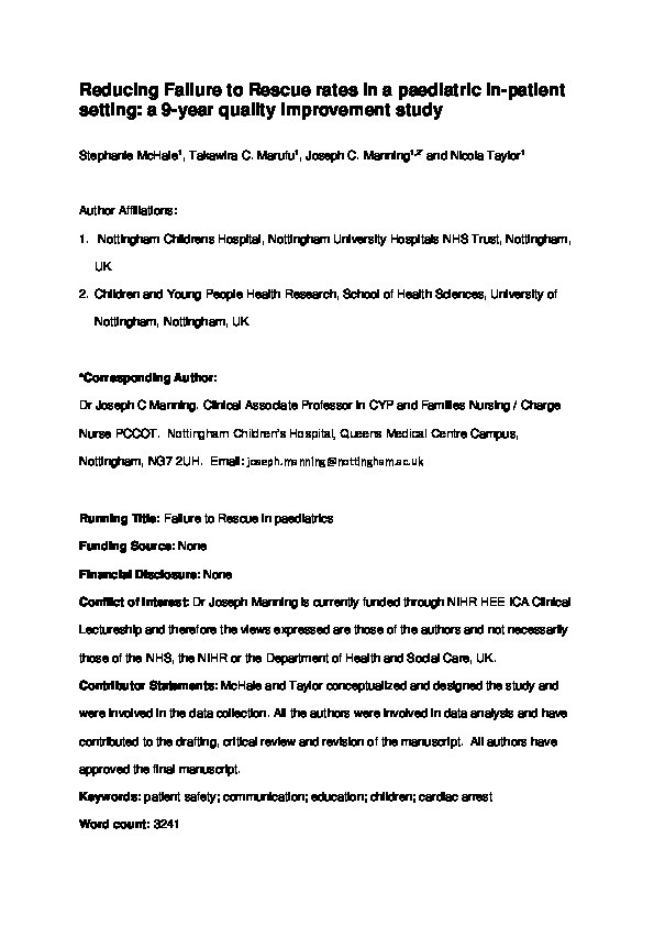 Reducing failure to rescue rates in a paediatric in-patient setting: A 9-year quality improvement study Thumbnail