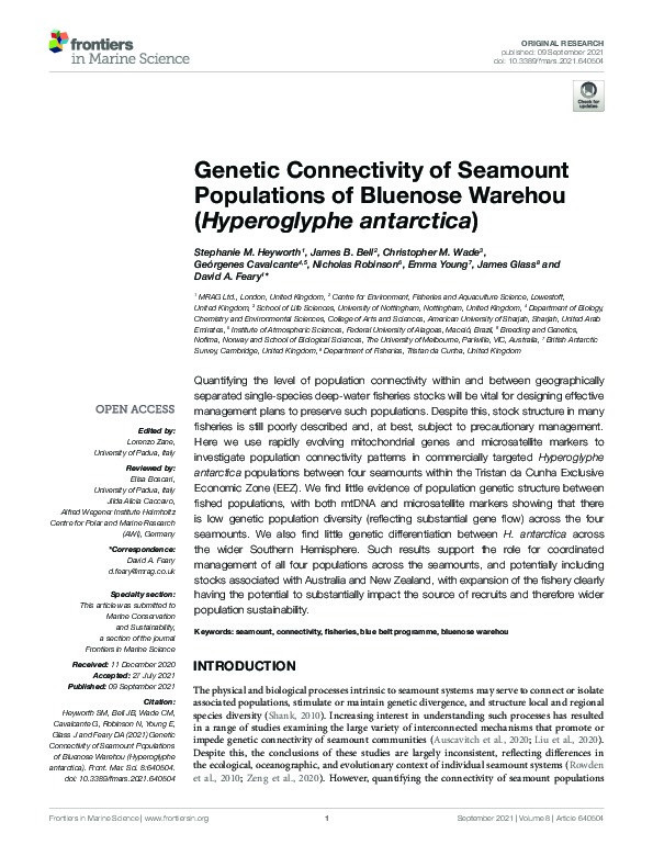 Genetic Connectivity of Seamount Populations of Bluenose Warehou (Hyperoglyphe antarctica) Thumbnail