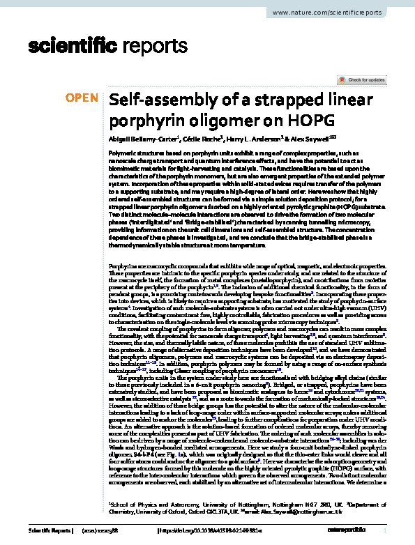 Self-assembly of a strapped linear porphyrin oligomer on HOPG Thumbnail
