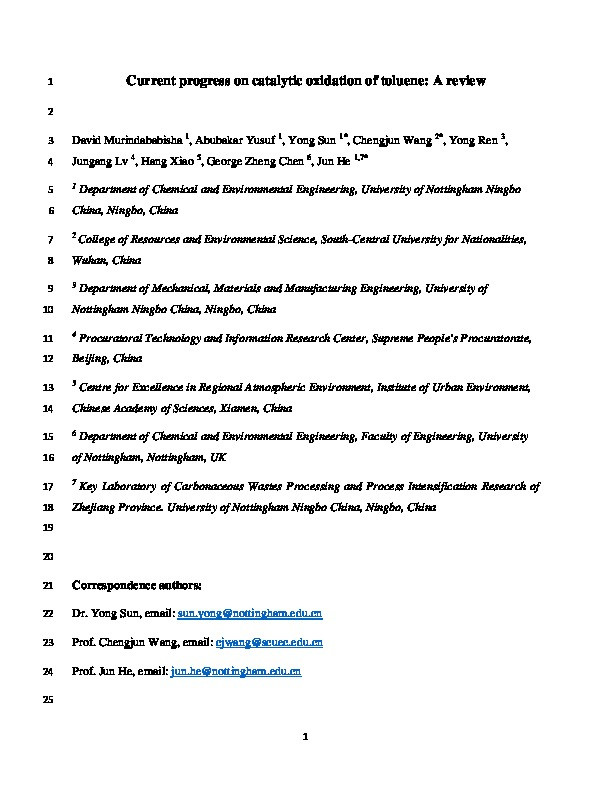 Current progress on catalytic oxidation of toluene: a review Thumbnail