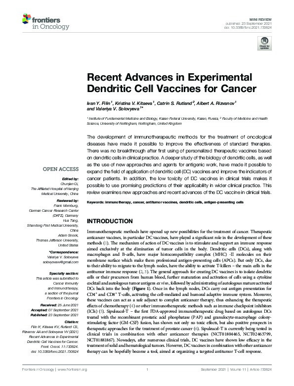 Recent Advances in Experimental Dendritic Cell Vaccines for Cancer Thumbnail