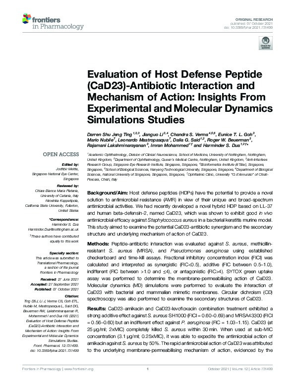 Evaluation of Host Defense Peptide (CaD23)-Antibiotic Interaction and Mechanism of Action: Insights From Experimental and Molecular Dynamics Simulations Studies Thumbnail
