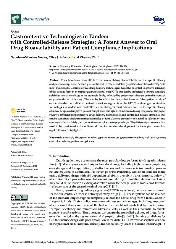 Gastroretentive technologies in tandem with controlled-release strategies: A potent answer to oral drug bioavailability and patient compliance implications Thumbnail