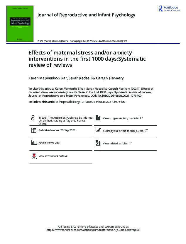 Effects of maternal stress and/or anxiety interventions in the first 1000 days:Systematic review of reviews Thumbnail