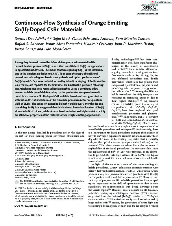 Continuous‐Flow Synthesis of Orange Emitting Sn(II)‐Doped CsBr Materials Thumbnail