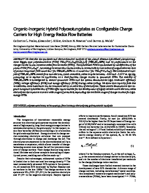 Organic–Inorganic Hybrid Polyoxotungstates As Configurable Charge Carriers for High Energy Redox Flow Batteries Thumbnail