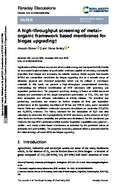 A high-throughput screening of metal–organic framework based membranes for biogas upgrading Thumbnail