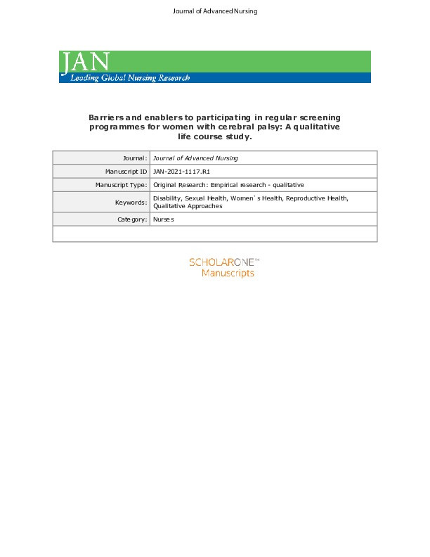 Barriers and enablers to participating in regular screening programmes for women with cerebral palsy: A qualitative life course study Thumbnail