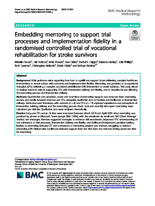 Embedding mentoring to support trial processes and implementation fidelity in a randomised controlled trial of vocational rehabilitation for stroke survivors Thumbnail