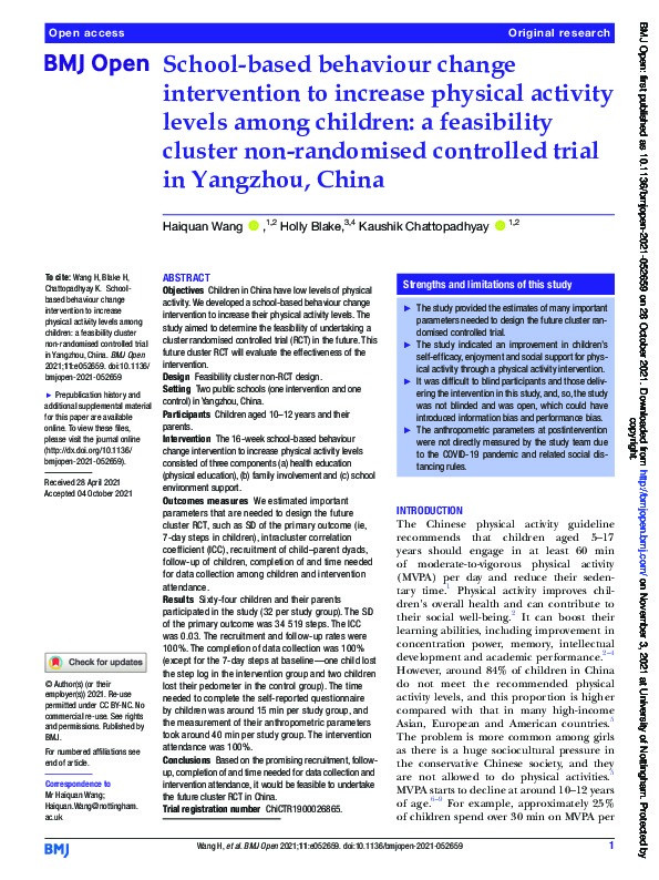 School-based behaviour change intervention to increase physical activity levels among children: A feasibility cluster non-randomised controlled trial in Yangzhou, China Thumbnail