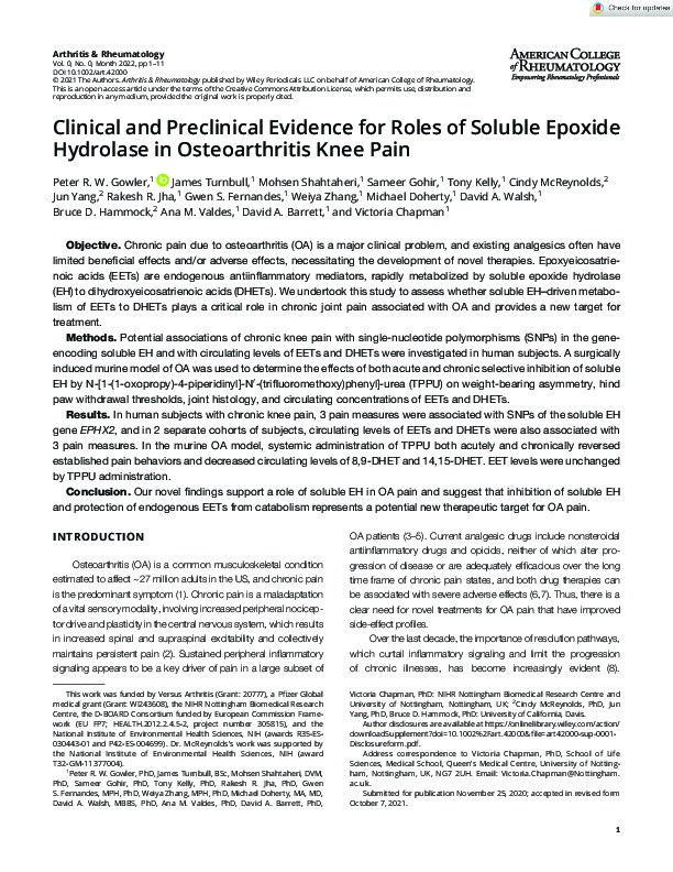 Clinical and Preclinical Evidence for Roles of Soluble Epoxide Hydrolase in Osteoarthritis Knee Pain Thumbnail