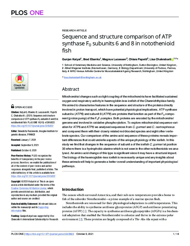 Sequence and structure comparison of ATP synthase F0 subunits 6 and 8 in notothenioid fish Thumbnail