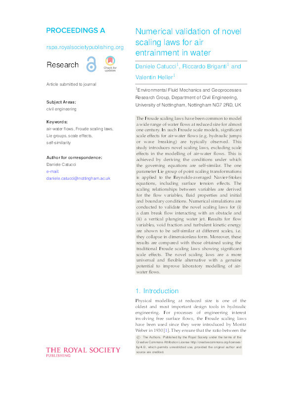 Numerical validation of novel scaling laws for air entrainment in water Thumbnail