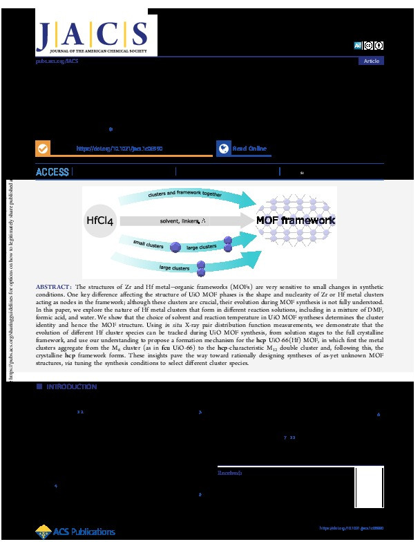 Exploring the Role of Cluster Formation in UiO Family Hf Metal-Organic Frameworks with in Situ X-ray Pair Distribution Function Analysis Thumbnail