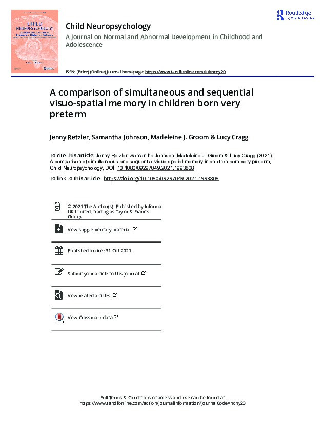 A comparison of simultaneous and sequential visuo-spatial memory in children born very preterm Thumbnail
