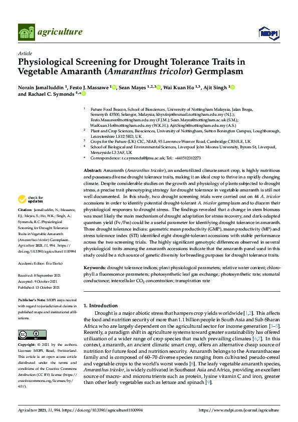 Physiological screening for drought tolerance traits in vegetable amaranth (Amaranthus tricolor) germplasm Thumbnail