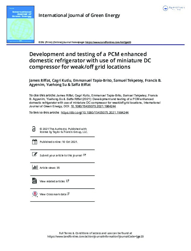 Development and testing of a PCM enhanced domestic refrigerator with use of miniature DC compressor for weak/off grid locations Thumbnail