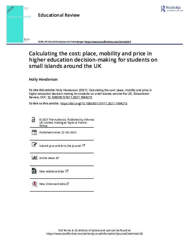 Calculating the cost: place, mobility and price in higher education decision-making for students on small islands around the UK Thumbnail