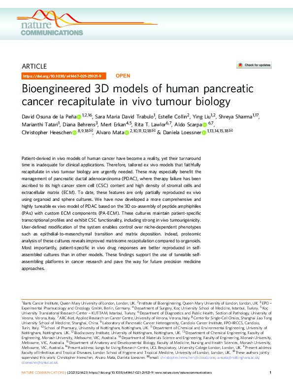 Bioengineered 3D models of human pancreatic cancer recapitulate in vivo tumour biology Thumbnail