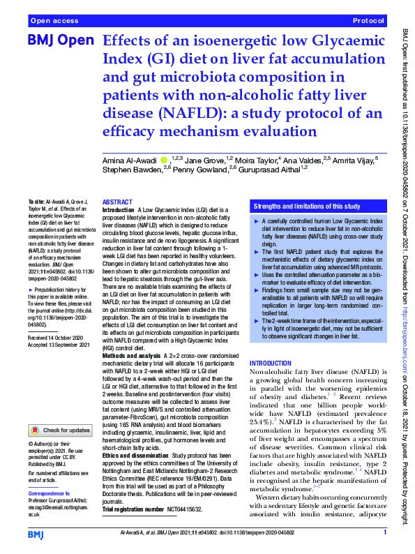 Effects of an isoenergetic low Glycaemic Index (GI) diet on liver fat accumulation and gut microbiota composition in patients with non-alcoholic fatty liver disease (NAFLD): A study protocol of an efficacy mechanism evaluation Thumbnail