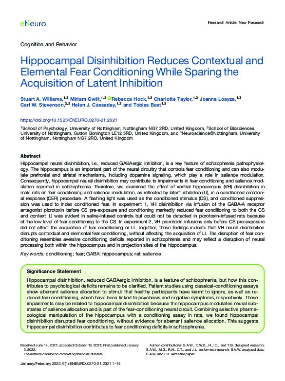 Hippocampal Disinhibition Reduces Contextual and Elemental Fear Conditioning While Sparing the Acquisition of Latent Inhibition Thumbnail
