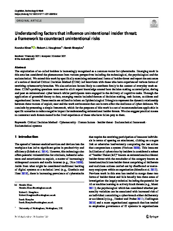 Understanding factors that influence unintentional insider threat: a framework to counteract unintentional risks Thumbnail