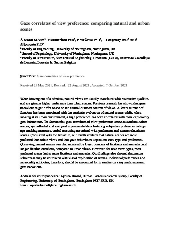 Gaze correlates of view preference: Comparing natural and urban scenes Thumbnail