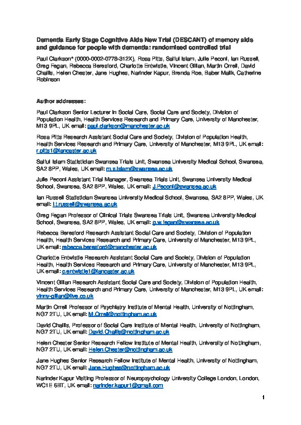 Dementia Early-Stage Cognitive Aids New Trial (DESCANT) of memory aids and guidance for people with dementia: randomised controlled trial Thumbnail