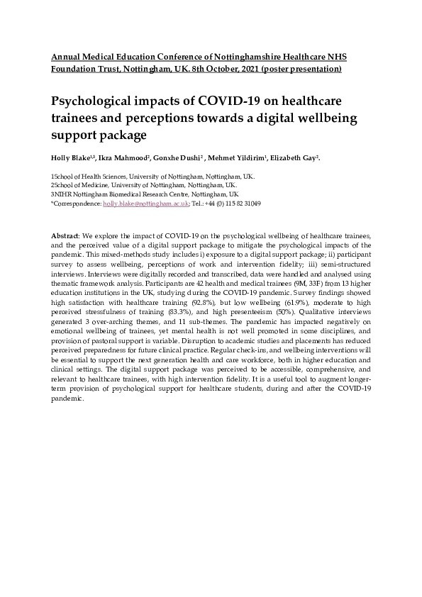 Psychological impacts of covid–19 on healthcare trainees and perceptions towards a digital wellbeing support package Thumbnail