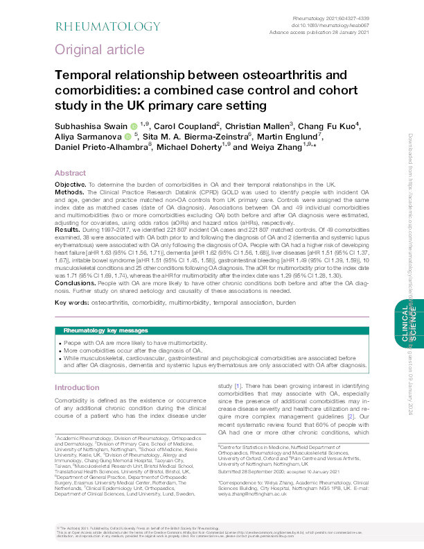 Temporal relationship between osteoarthritis and comorbidities: a combined case control and cohort study in the UK primary care setting Thumbnail