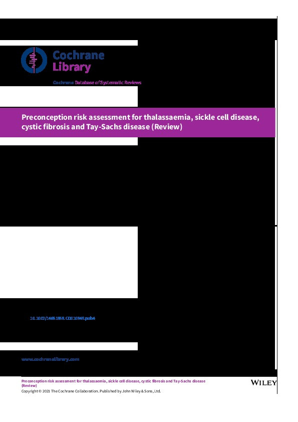 Preconception risk assessment for thalassaemia, sickle cell disease, cystic fibrosis and Tay-Sachs disease Thumbnail