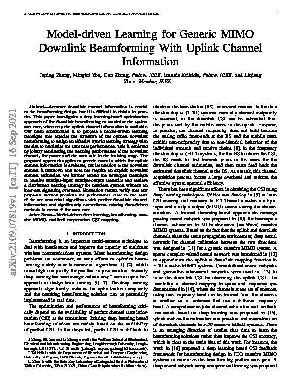 Model-driven Learning for Generic MIMO Downlink Beamforming With Uplink Channel Information Thumbnail